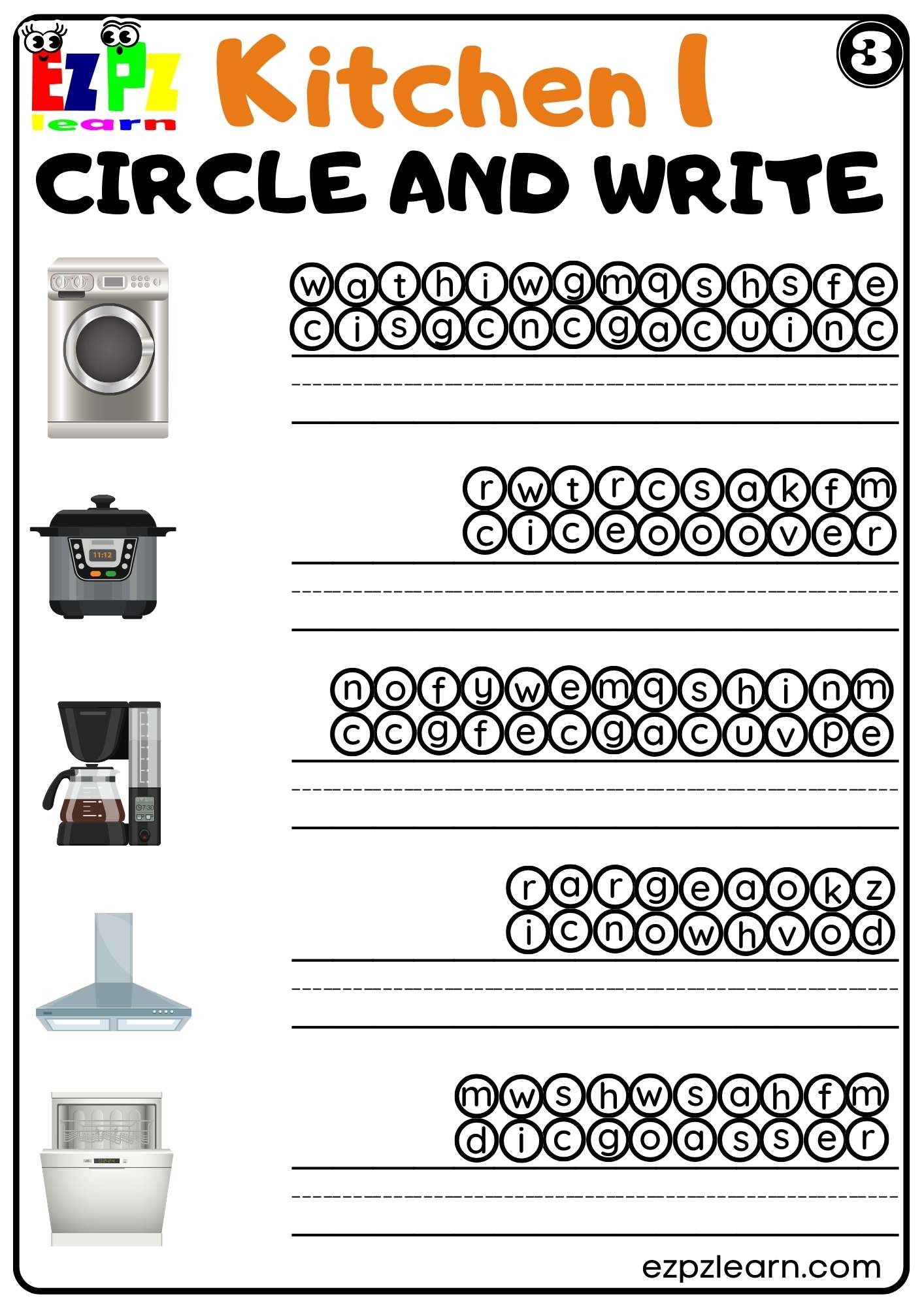 Kitchen Appliances Circle and Write Worksheet Set 3 for ESL and